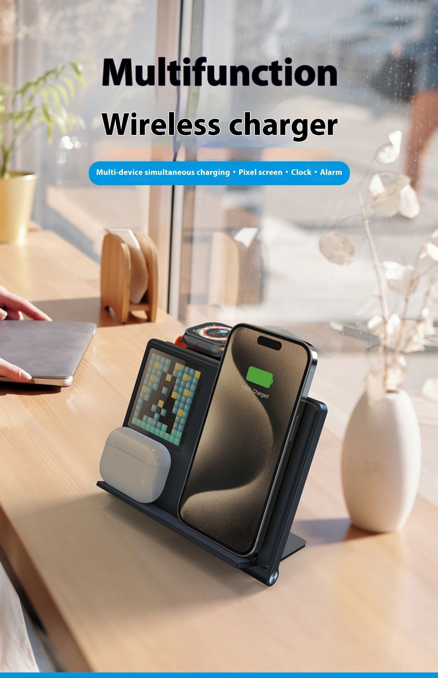 Magnetic Charging Digital Clock Folding Five-in-one Wireless Charger